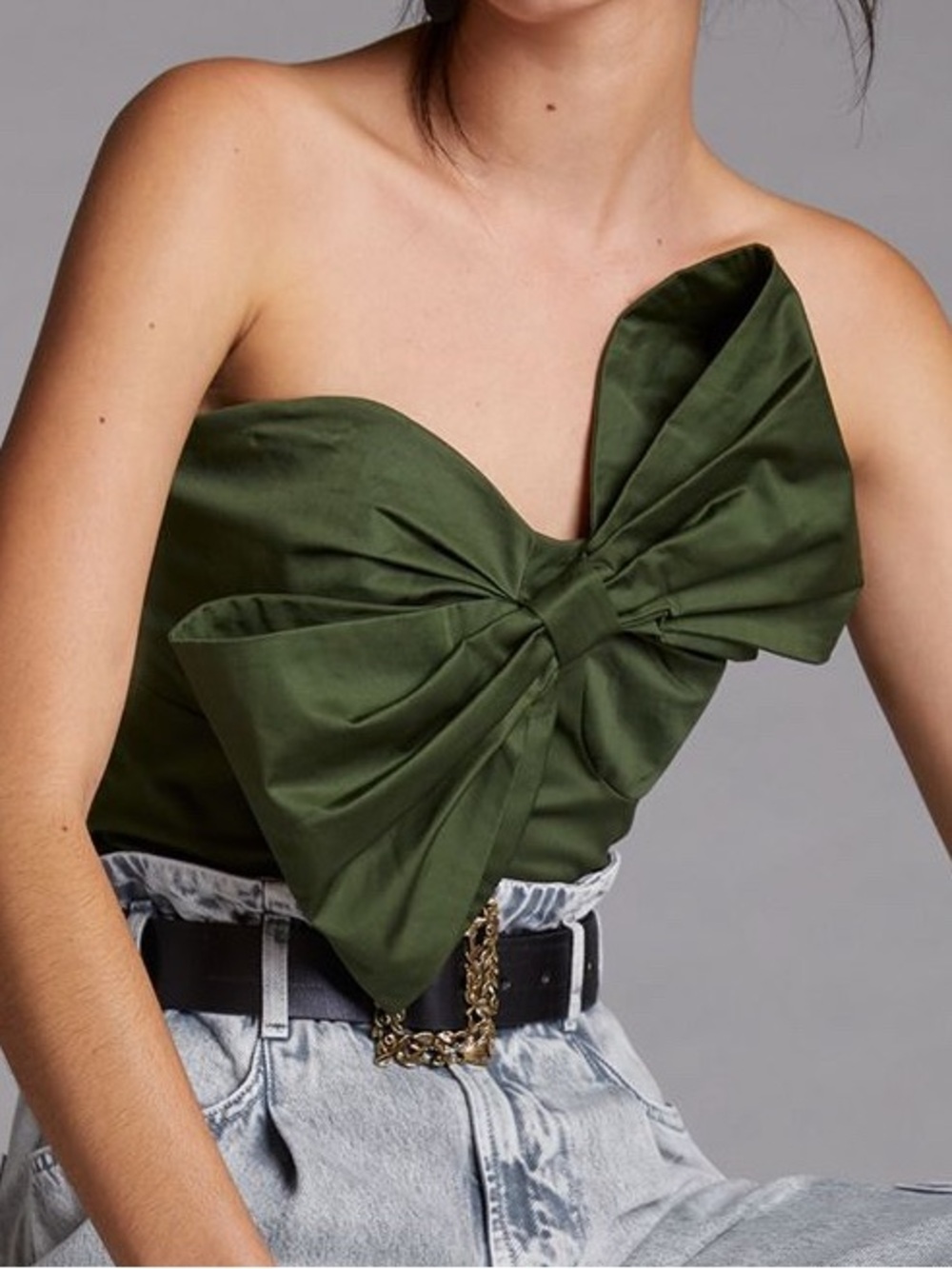HUTCH Dark Green Bow Tie Tube Top Strapless Cropped Size M NWOT!